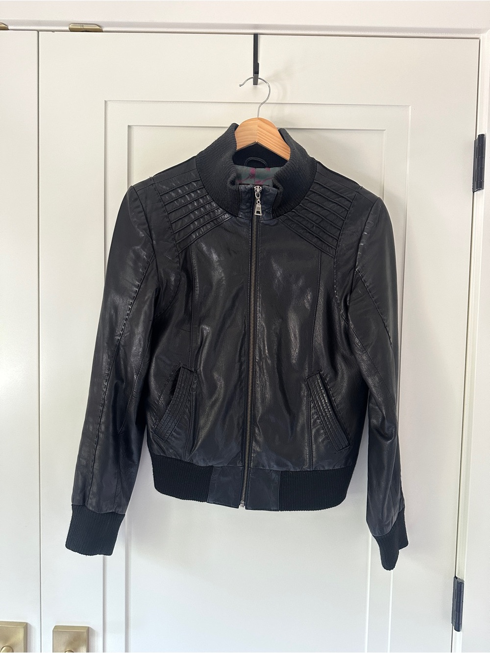 Danier Black Leather Bomber Jacket Floral Lining Moto Women’s Small